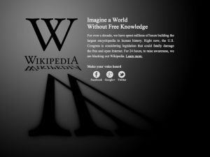 Le message anti-SOPA sur la page d'accueil de Wikipedia, le 18 janvier.